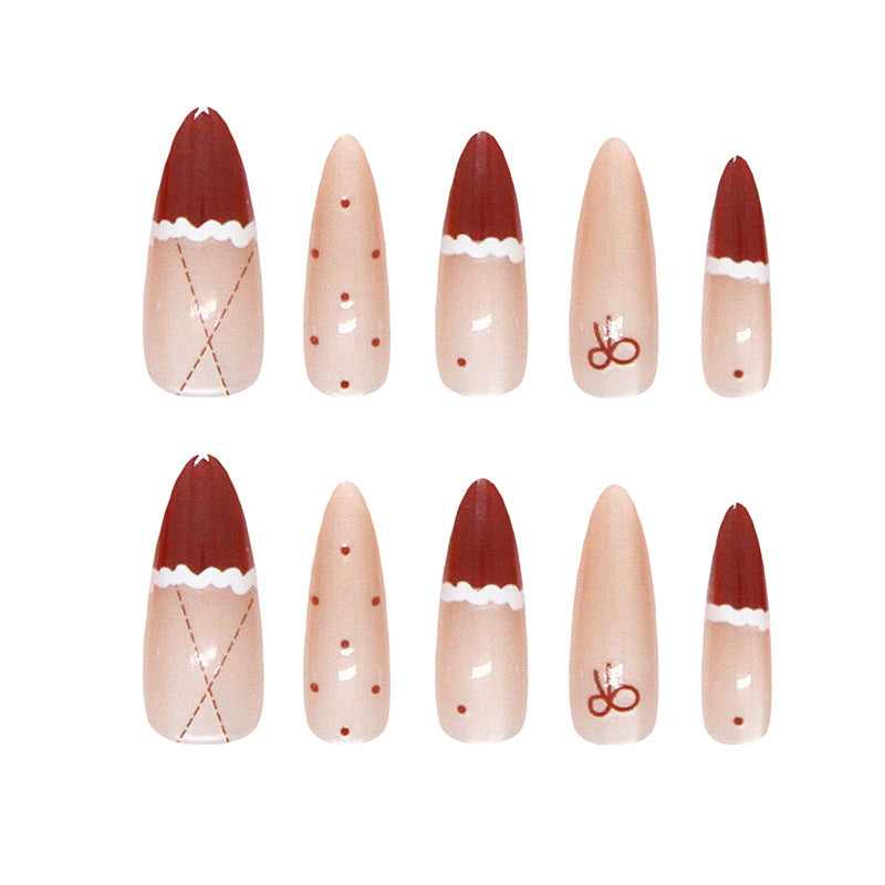 Cozy Holiday Vibes Long Almond Shaped Burgundy and Beige Gradient Press on Nail Set with Unique Whimsical Patterns