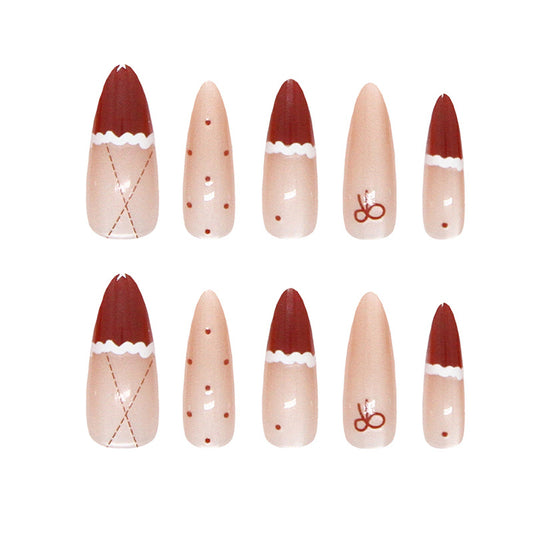 Cozy Holiday Vibes Long Almond Shaped Burgundy and Beige Gradient Press on Nail Set with Unique Whimsical Patterns