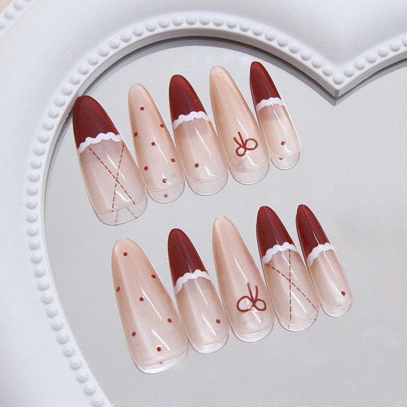 Cozy Winter Vibes Long Almond Shaped Red and Beige Press On Nail Set with Charming Festive Designs