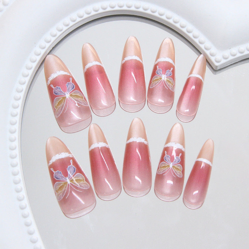 Whimsical Elegance Long Almond Pink Gradient Press On Nail Set with Delicate Floral Accents