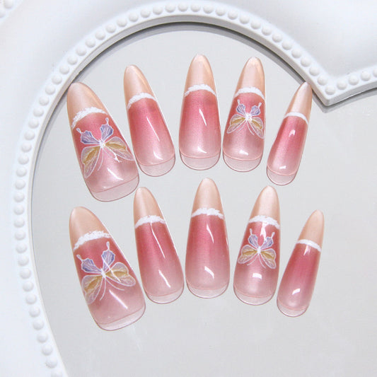 Whimsical Elegance Long Almond Pink Gradient Press On Nail Set with Delicate Floral Accents