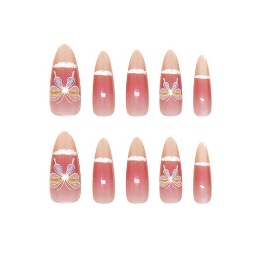 Butterfly Dream Press On Nail Set Long Almond Blush Pink Floral Design