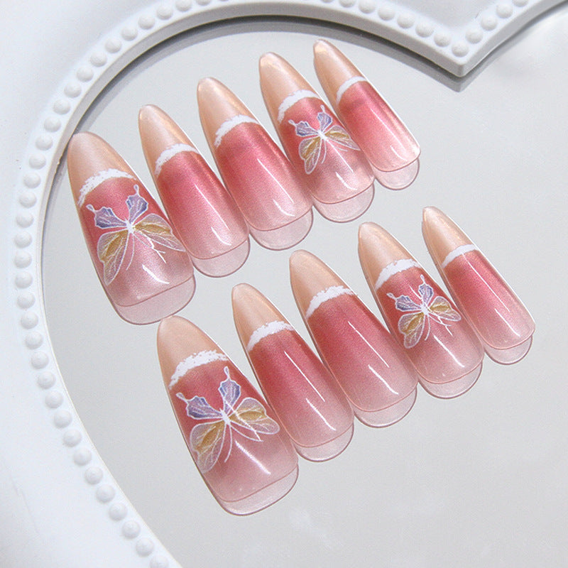 Floral Dream Long Almond Pink Ombre Press On Nail Set with Elegant Butterfly Design