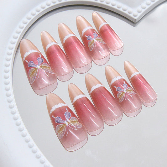 Floral Dream Long Almond Pink Ombre Press On Nail Set with Elegant Butterfly Design