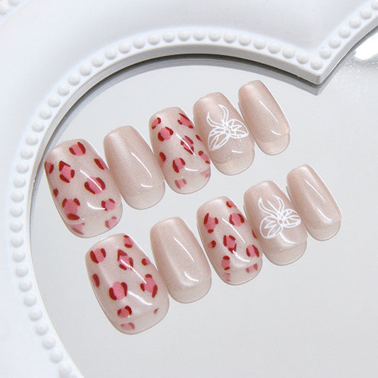Floral Elegance Short Square Beige Press-On Nail Set with Red Leopard Art and White Floral Accents