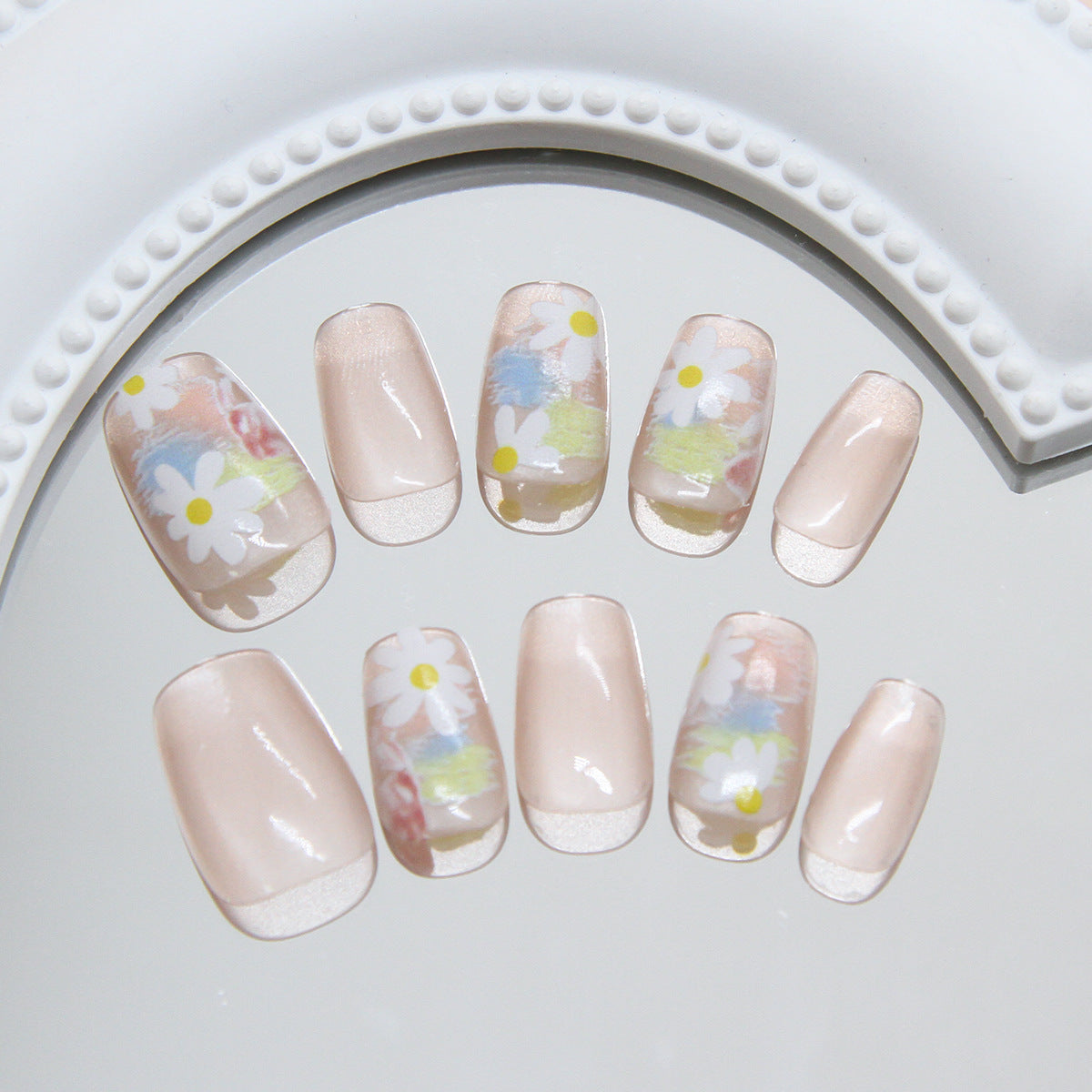 Floral Elegance Short Square Beige Press On Nail Set with Charming Multicolor Daisy Design