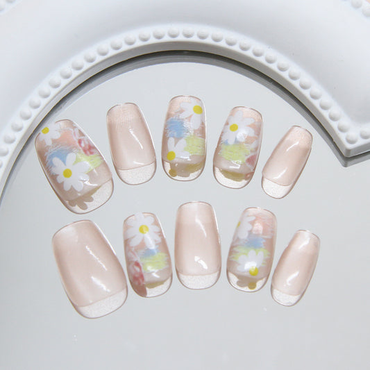 Floral Elegance Short Square Beige Press On Nail Set with Charming Multicolor Daisy Design