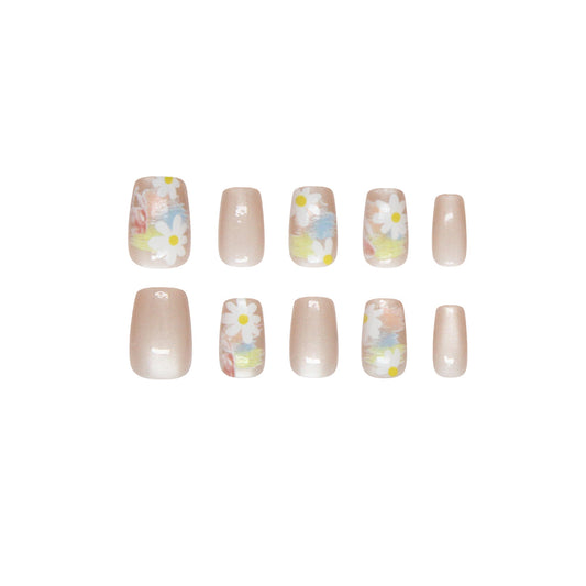 Spring Blossom Elegance Short Square Soft Pink with Floral Design Press On Nail Set