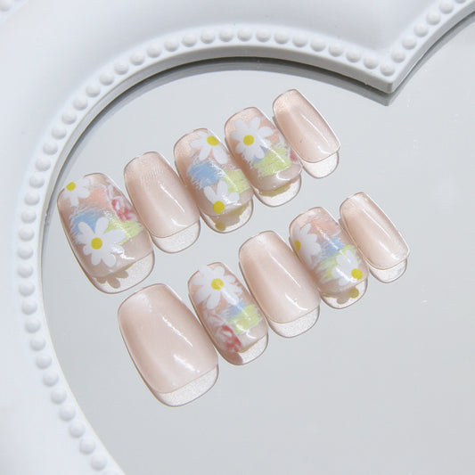 Spring Blossom Artistry Short Square Beige Press On Nail Set with Floral Accents