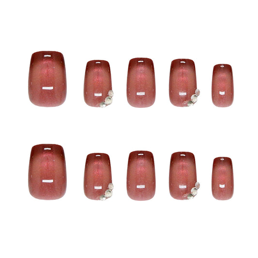 Glamorous Autumn Elegance Short Square Press On Nails in Rich Burgundy with Sparkling Accent gems