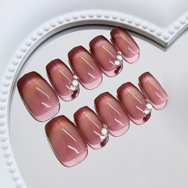 Glamorous Blossom Short Square Pink Gradient Press On Nail Set with Elegant Rhinestone Accents