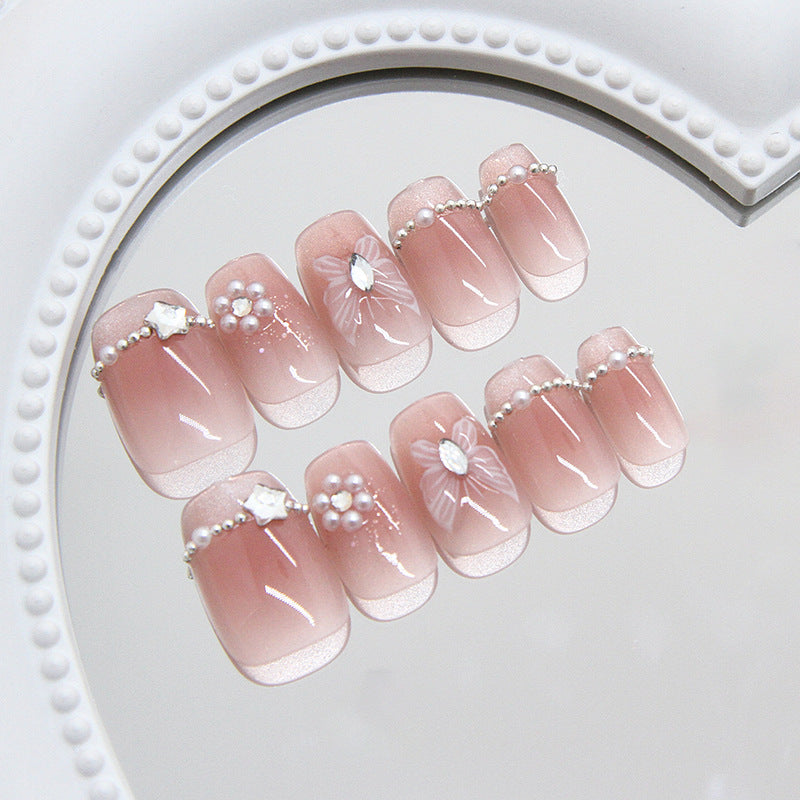 Chic Elegance Short Square Blush Pink with Pearl and Floral Designs Press On Nail Set