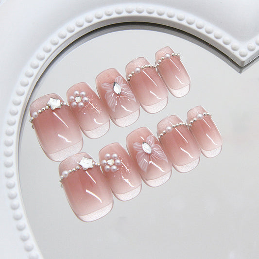 Chic Elegance Short Square Blush Pink with Pearl and Floral Designs Press On Nail Set