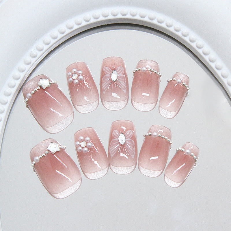 Enchanted Elegance Short Square Blush Pink with Pearl Accents and Floral Embellishments Press On Nail Set
