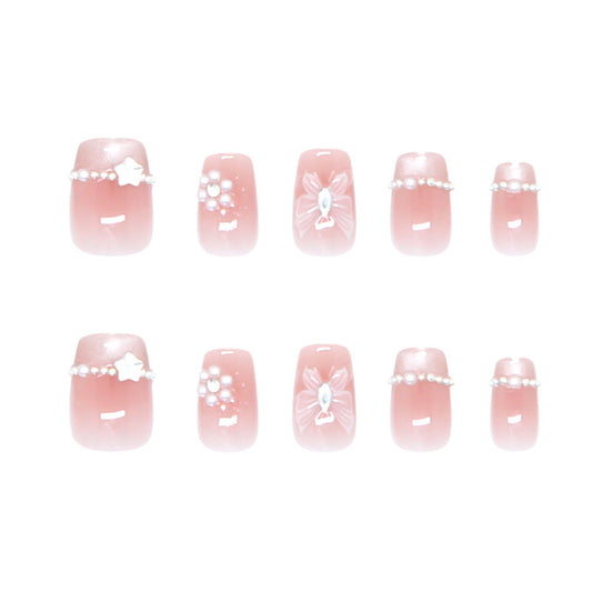 Dreamy Pink Serenity Perfectly Sculpted Short Square Press-On Nails with Elegant Pearl Accents