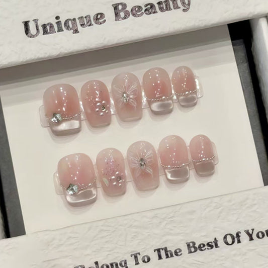 Glamorous Elegance Short Square Blush Pink Press On Nail Set with Floral and Gemstone Accents
