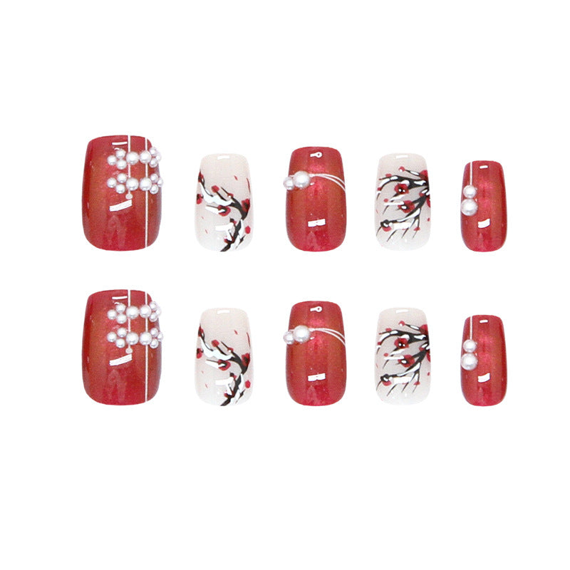 Chic Blossom Short Square Red and White Elegant Bead Embellished Press On Nail Set