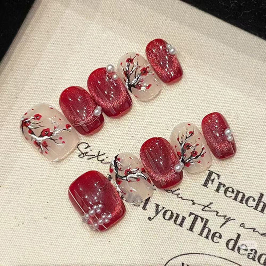 Chic Blossom Red Ombre Short Square Press On Nail Set with Elegant Floral Detailing and Pearls
