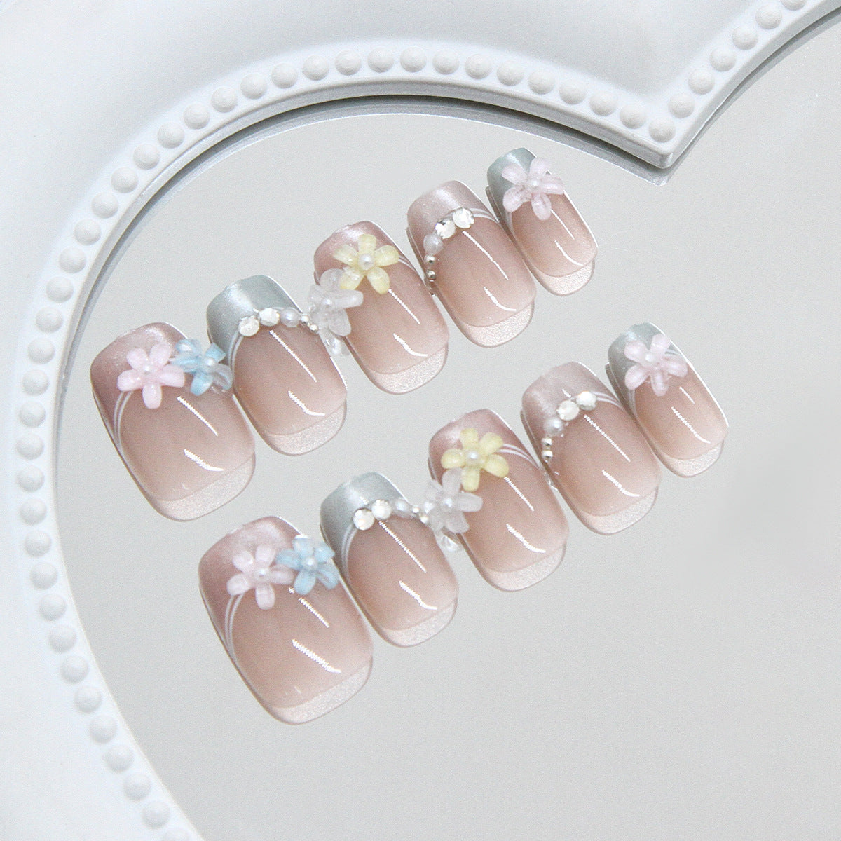 Whimsical Floral Charm Medium Square Press On Nail Set in Soft Pink and Silver with Delicate Flower Accents