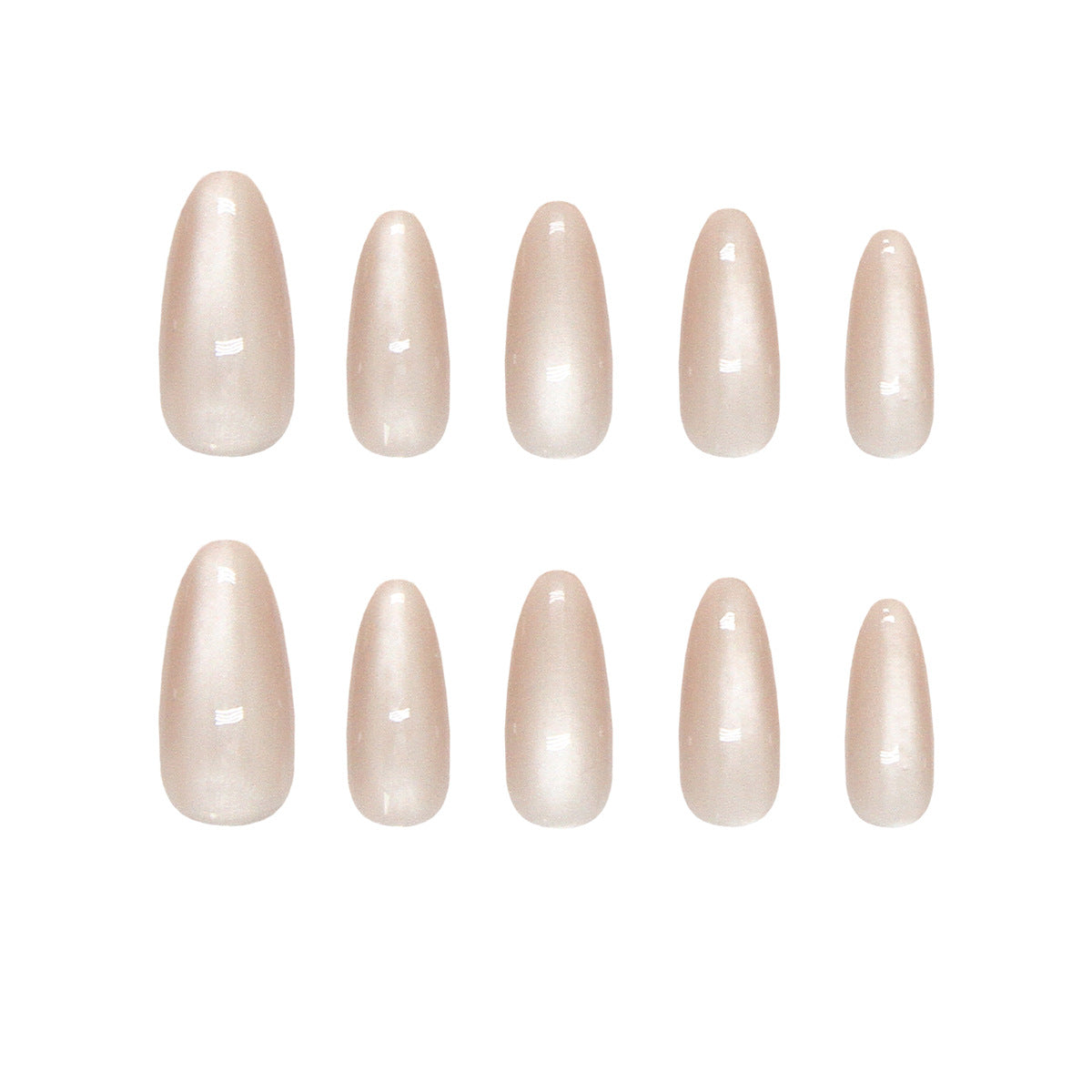 Glamorous Rosewood Elegance Press On Nail Set in Medium Almond Shape Soft Beige Color with Iridescent Sheen