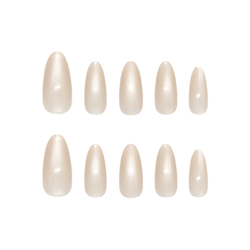 Glamorous Elegance Long Almond Shaped Cream Press On Nail Set with Iridescent Shine
