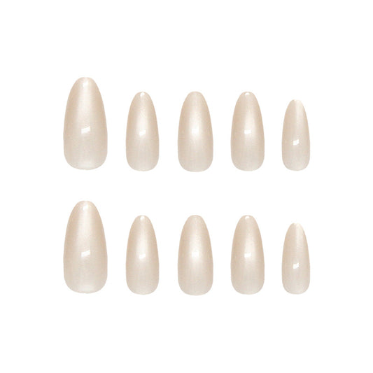 Glamorous Elegance Long Almond Shaped Cream Press On Nail Set with Iridescent Shine