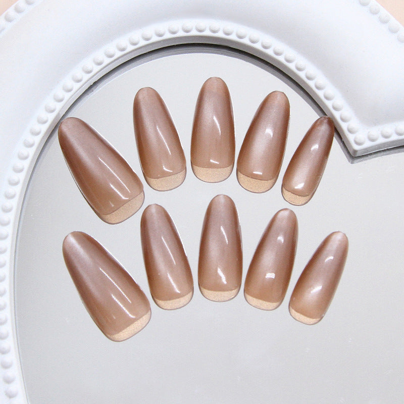 Elegant Earthy Long Almond Shaped Beige Glossy Nail Set with Stunning French Tip Design
