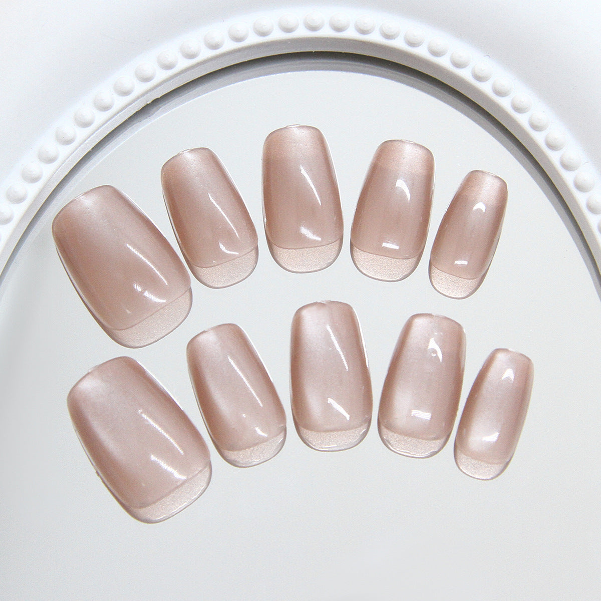 Elegant Serenity Medium Square Blush Colored Glossy Press On Nail Set with Iridescent Shine