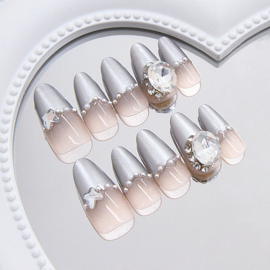 Chic Elegance Medium Almond Silver Ombre with Gemstone and Pearl Accents Press-On Nail Set