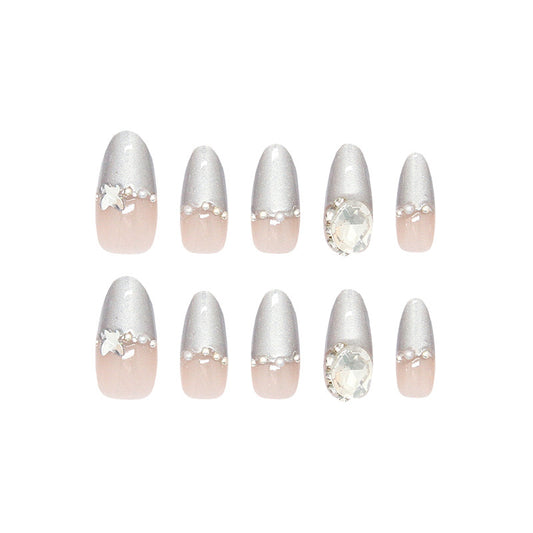 Elegant Enchantment Medium Almond Shaped Silver Gradient Press On Nail Set with Iridescent Gem Accent