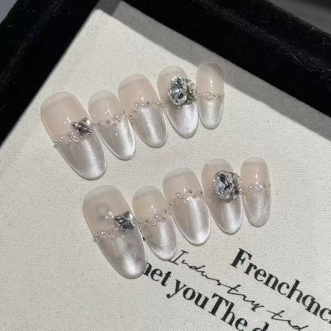 Elegant Gemstone Dream Medium Almond Pink Press-On Nail Set with Dazzling Accent Jewels