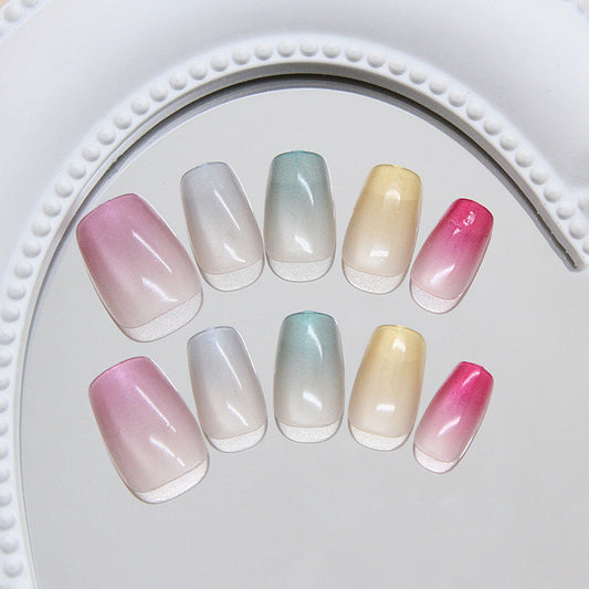 Whimsical Ombre Short Square Pastel Gradient Nails with Shimmering Finishes