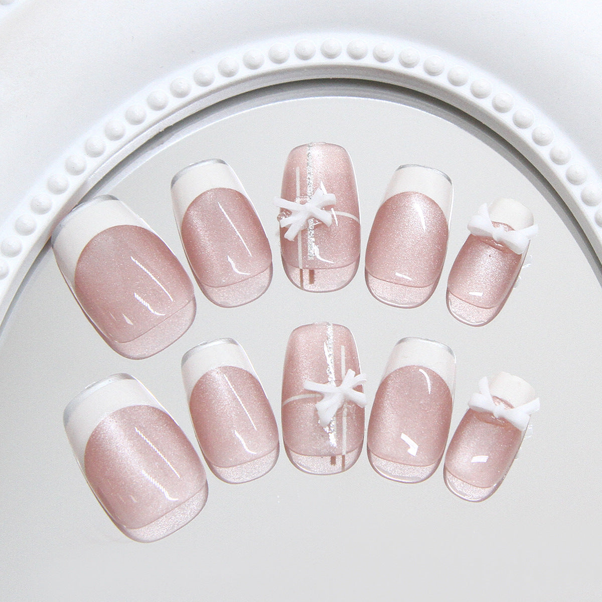 Blushing Elegance Medium Coffin Pink Glitter Nail Set with Adorable Bow Details