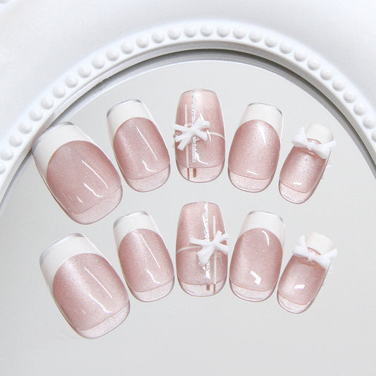 Blushing Elegance Medium Coffin Pink Glitter Nail Set with Adorable Bow Details