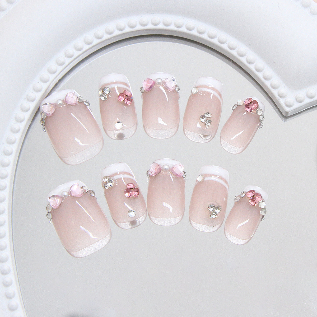 Charming Blossom Inspired Short Square Pink Press On Nail Set with Sparkling Gemstones