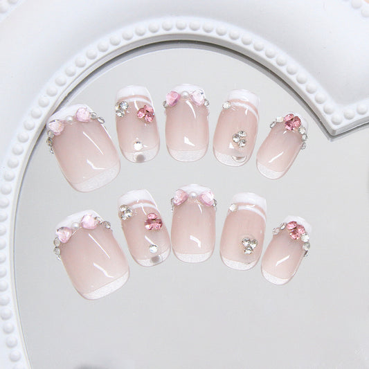 Charming Blossom Inspired Short Square Pink Press On Nail Set with Sparkling Gemstones