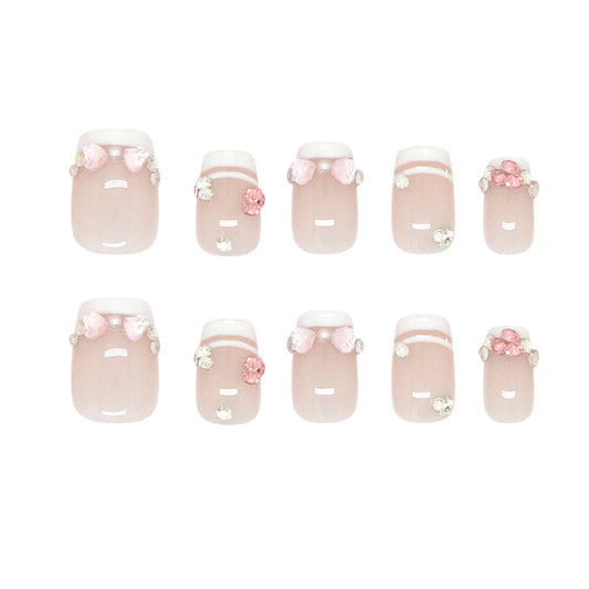 Glamorous Garden Dream Short Square Light Pink Press-On Nail Set with Floral Gem Accents