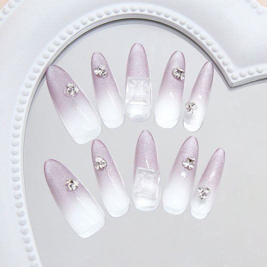 Glamorous Elegance Long Stiletto Gradient Purple White Nail Set with Sparkling Rhinestones