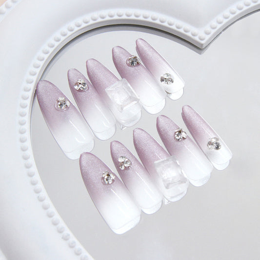 Dreamy Elegance Long Almond Gradient Purple and White Ombre Press On Nail Set with Crystal Accents