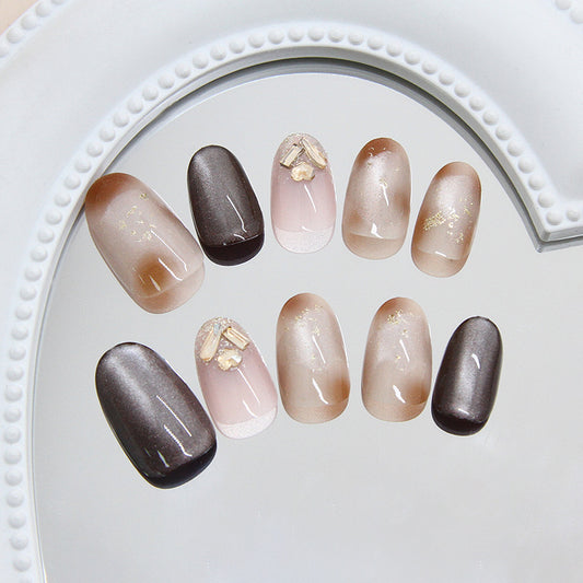 Elegant Autumnal Short Oval Shaped Ombre Brown and Pink Press-on Nail Set with Glittering Accent Decor