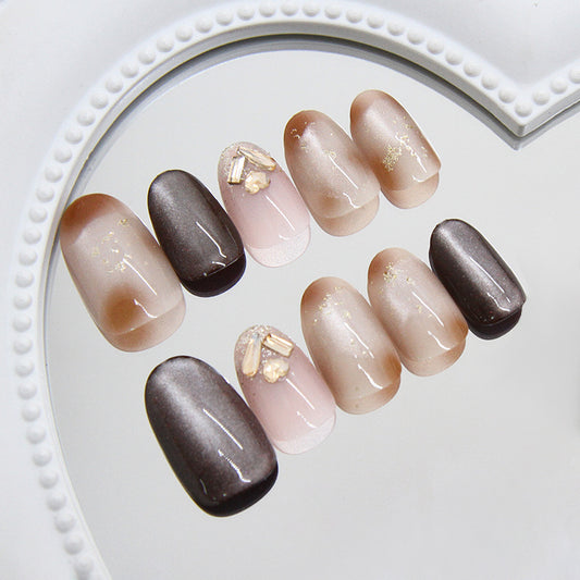 Elegant Autumn Inspired Short Oval Shaped Gradient Brown and Beige Press on Nail Set with Dazzling Gold Accents