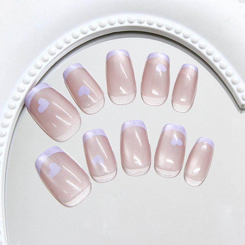Charming Romance Elegant Short Square Beige Nails with Lavender Tips and Heart Designs