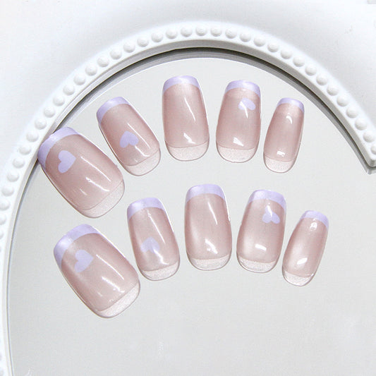 Charming Romance Elegant Short Square Beige Nails with Lavender Tips and Heart Designs