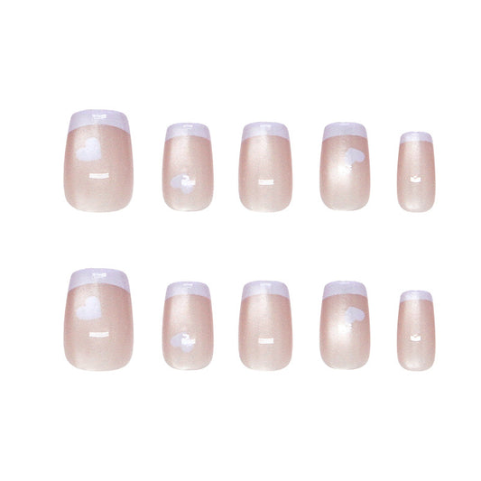 Elegant Dreamland Soft Short Square Beige Press-On Nail Set with Charming White Heart Accent
