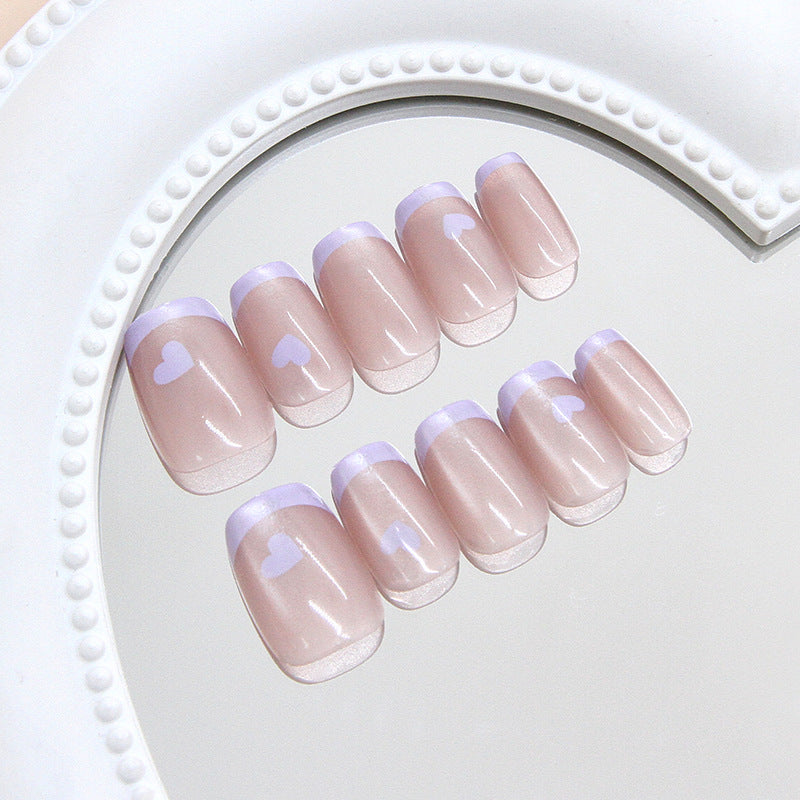 Romantic Bliss Short Square Pink with Heart Design Press On Nail Set