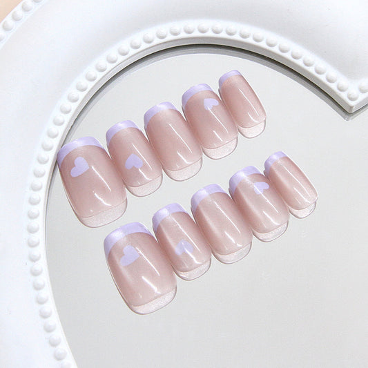 Romantic Bliss Short Square Pink with Heart Design Press On Nail Set