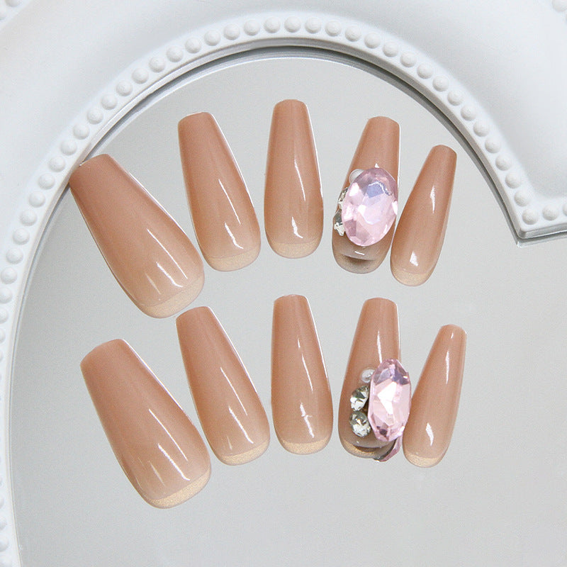 Glamorous Elegance Long Coffin Beige Press On Nails with Stunning Gem Accent