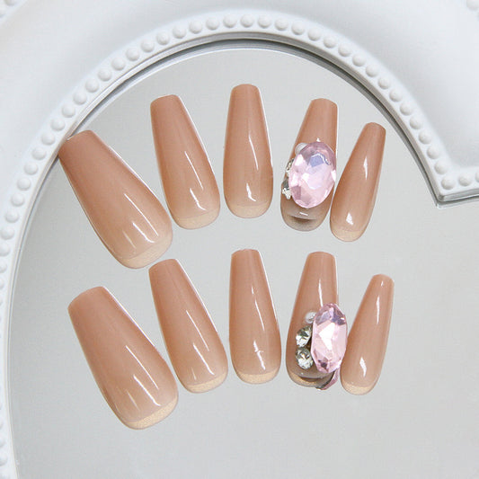 Glamorous Elegance Long Coffin Beige Press On Nails with Stunning Gem Accent