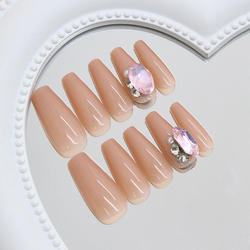 Elegance Unleashed Long Coffin Beige Press On Nails with Sparkling Gem Accents
