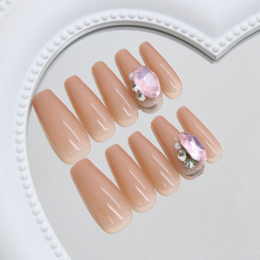 Elegance Unleashed Long Coffin Beige Press On Nails with Sparkling Gem Accents